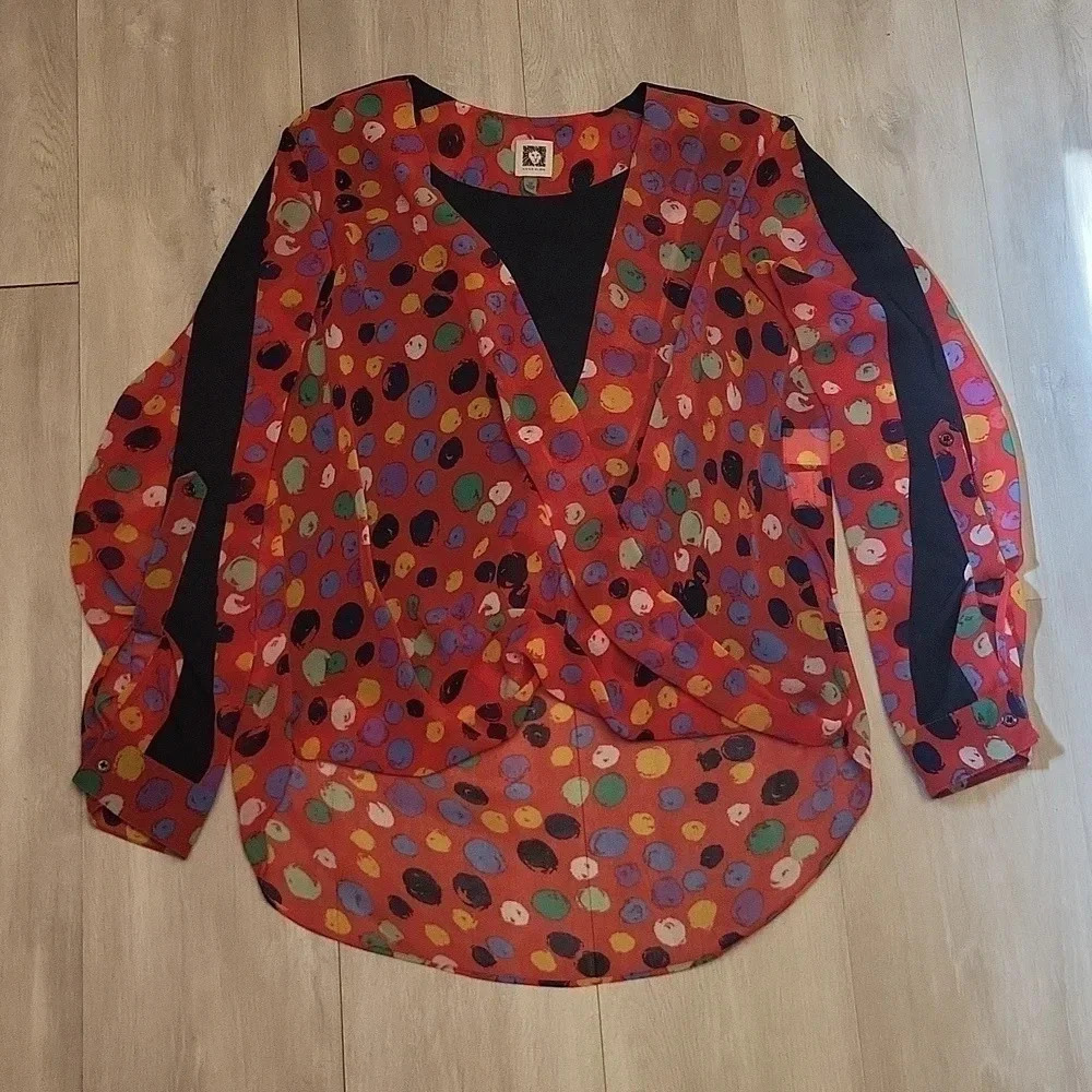 Anne Klein Red Faux Wrap Colorful Dots Blouse Womens Size 10